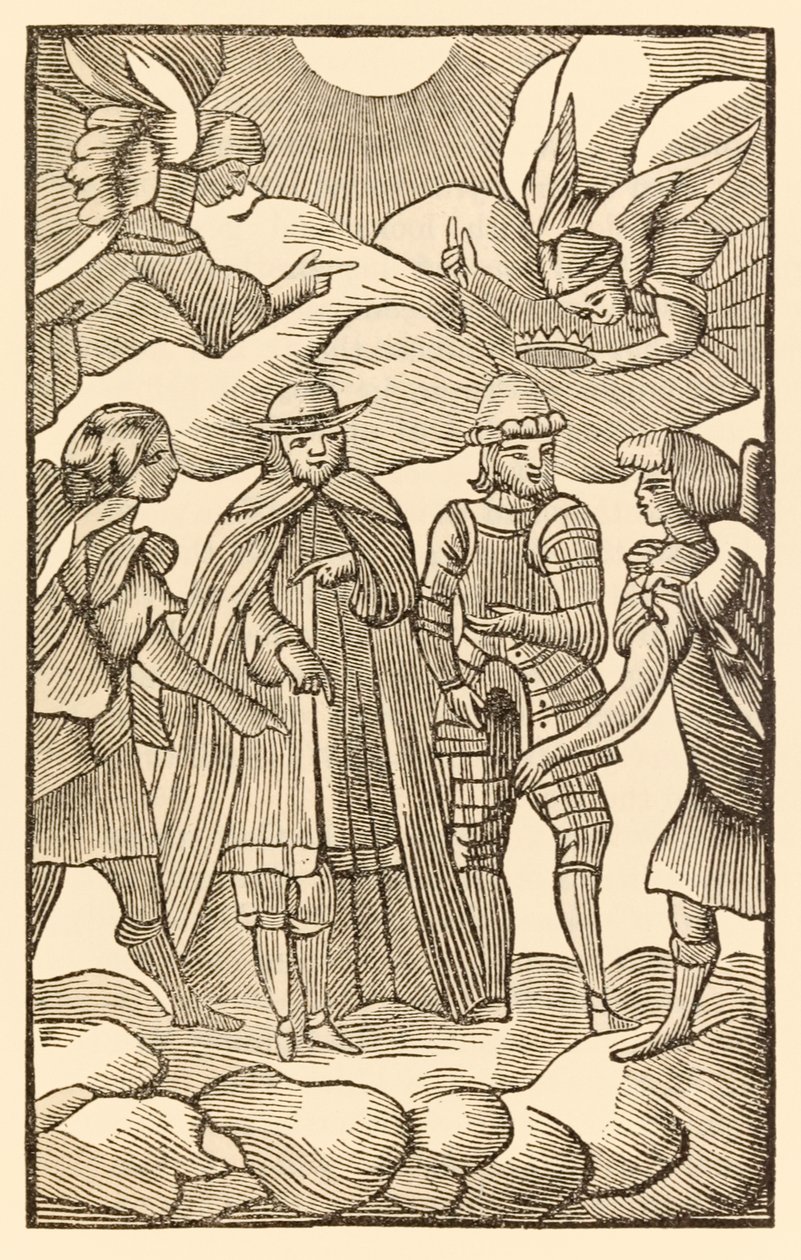 Se nu hur de heliga pilgrimerna rider, moln är deras vagnar, änglar är deras guide från Pilgrimernas framsteg från denna värld, till det som ska komma av John Bunyan (1628-1688) Christian an av Unknown