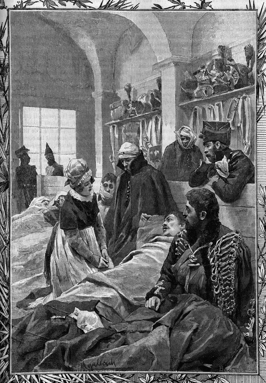 Sjuksköterskan Marguerite Favet behandlade förståndet på fältsjukhuset under kriget 1813 mot tyskarna. av Unknown artist