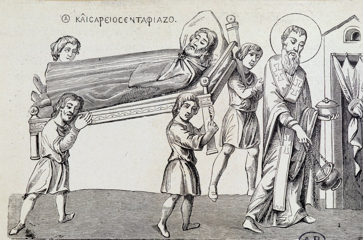 Obseque of Saint Cesaire av hans bror Saint Gregoire, från 800-talets grekiska dok av Unknown artist