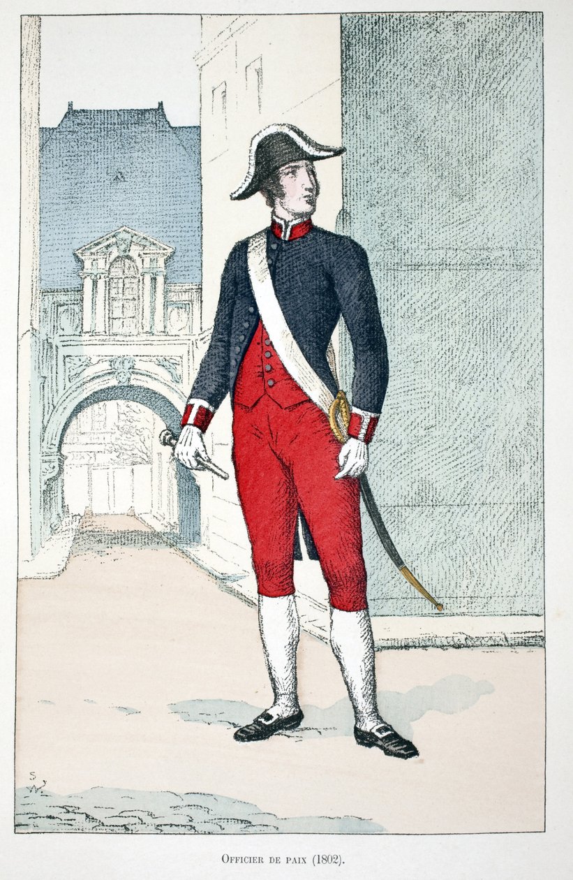 Fredsofficer (1802). Etsning i färger, för illustration "" History of the Corps of Peacekeepers""" bok publicerad under beskydd av Louis Lepine (1846-1933), prefekt för polisen på Seine, av Alfred Rey (1864-?) och Louis Feron (1862) -?), av Unknown artist