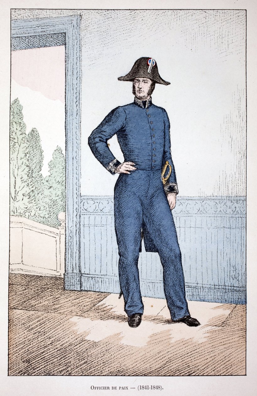 Fredsofficer (1841-1848). Etsning i färger, för illustration "" History of the Corps of Peacekeepers""" bok publicerad under beskydd av Louis Lepine (1846-1933), prefekt för polisen på Seine, av Alfred Rey (1864-?) och Louis Feron (1862) - av Unknown artist