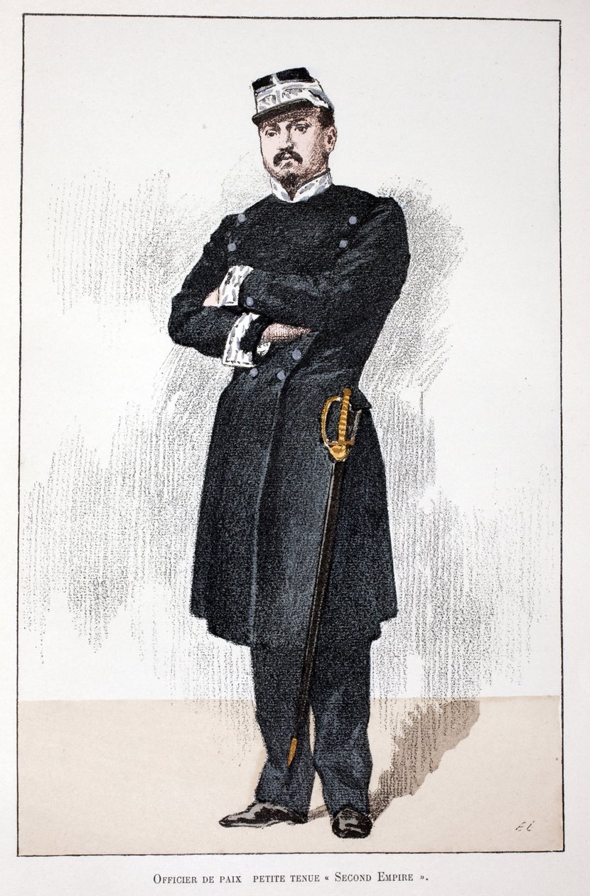 Fredsofficer, Small Second Empire Dress (1852-1870). Färgetsning, för illustration "History of the Corps of Peacekeepers""" bok publicerad under beskydd av Louis Lepine (1846-1933), prefekt för polisen på Seine, av Alfred Rey (186) av Unknown artist