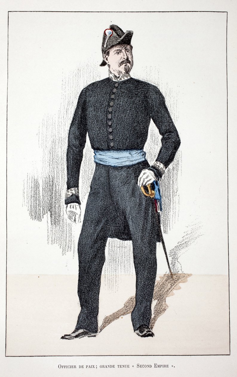 Fredsofficer, stora andra imperiet (1852-1870). Etsning i färger, för illustration "History of the Corps of Peacekeepers""" bok publicerad under beskydd av Louis Lepine (1846-1933), prefekt för polisen på Seine, av Alfred Rey (1864- av Unknown artist