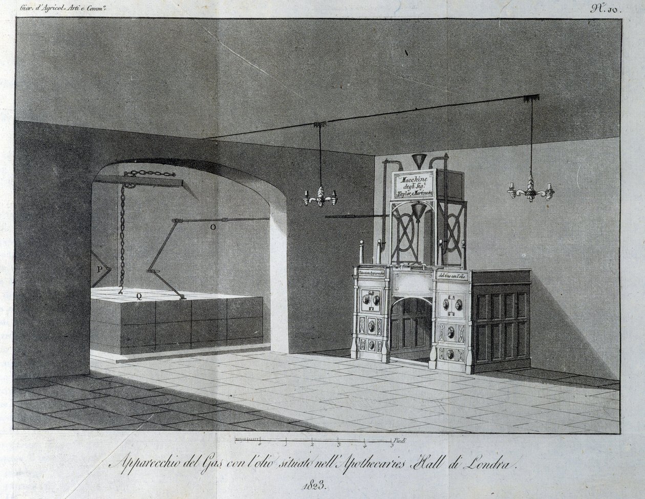 Oljegasapparat belägen i Apothecaries Hall i London. Tallrik hämtad från "" Giornale dell