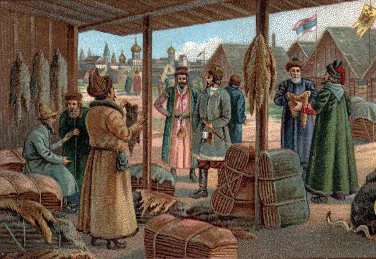 Gamla köpcentra: Pälsmässan i Novgorod (Veliky Novgorod), Ryssland under 1800-talet. Kromolitografi från slutet av 1800-talet av Unknown artist
