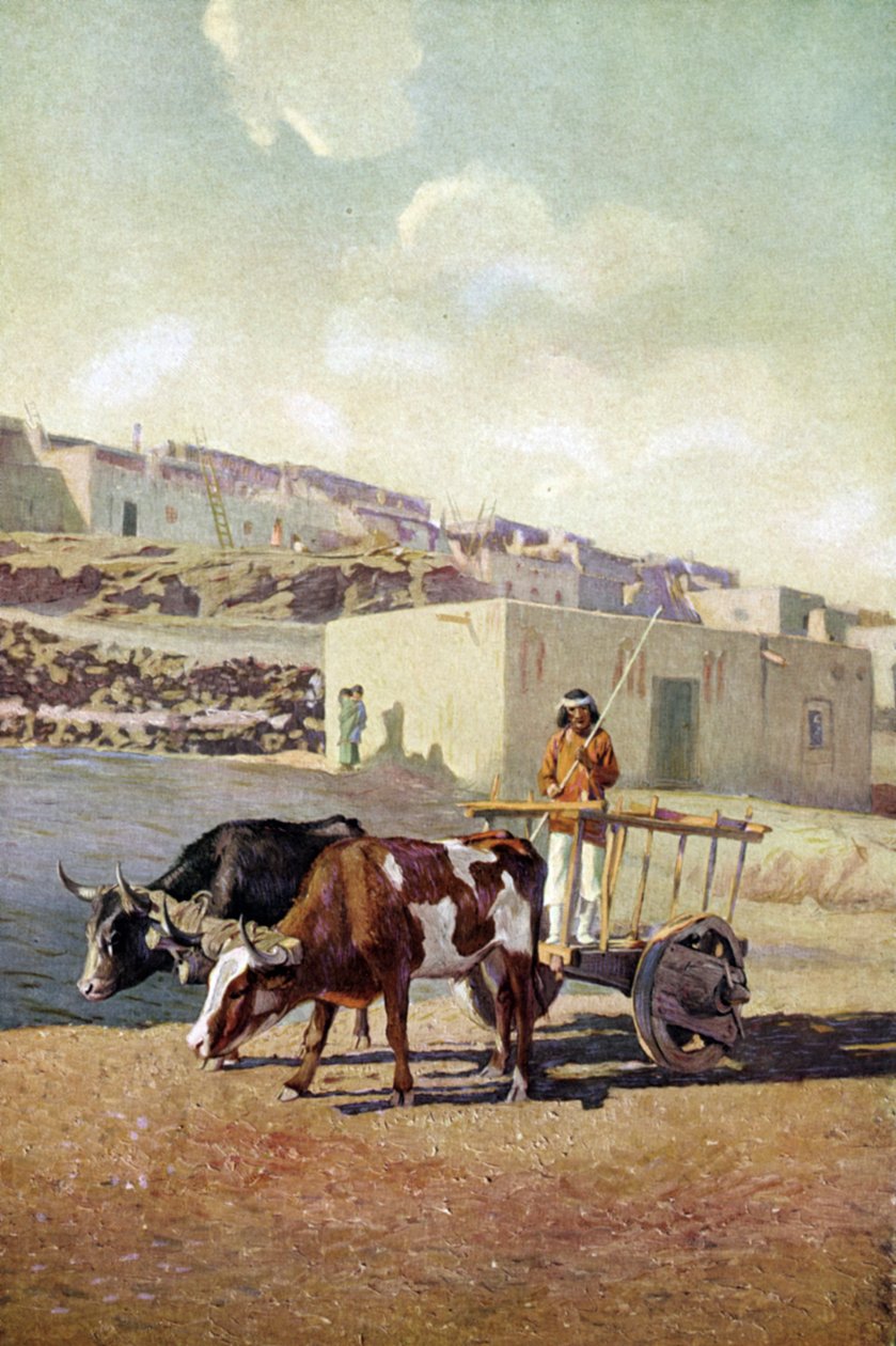 Gammal caretta (kärra) dragen av två oxar, körd av en indian från Pueblo-folket i Laguna, New Mexico av Unknown artist