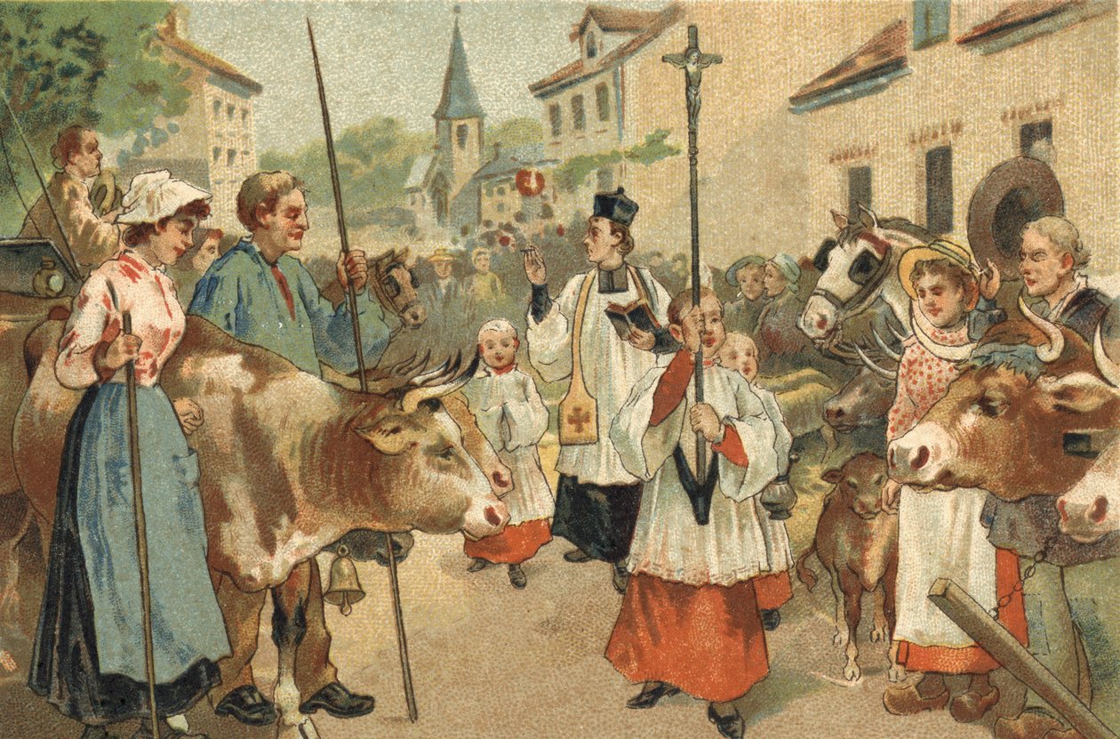 Gammal sed som firas i regionen Nivernais: hjordarnas välsignelse. Kromolitografi från slutet av 1800-talet. av Unknown artist