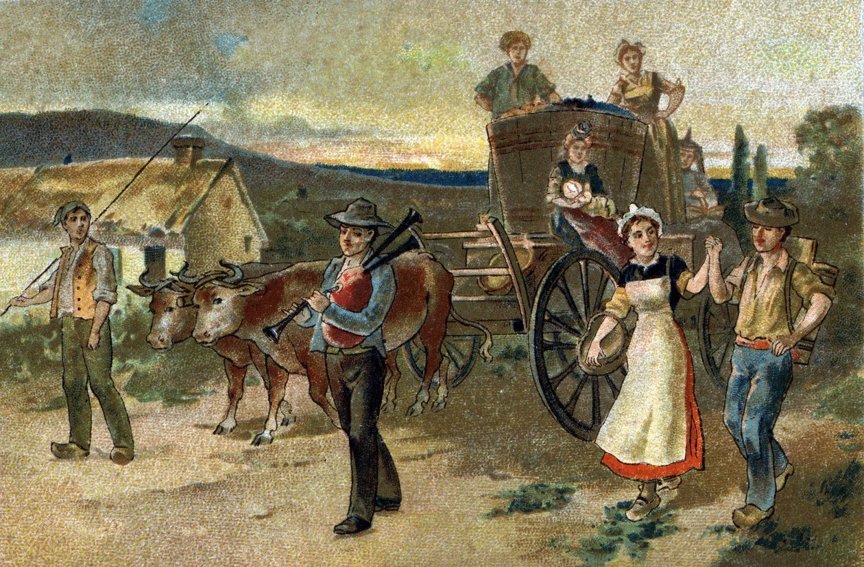 Gammal sed som firas i regionen Bourgogne: Skördefest. Den sista årgången. Kromolitografi från slutet av 1800-talet. av Unknown artist