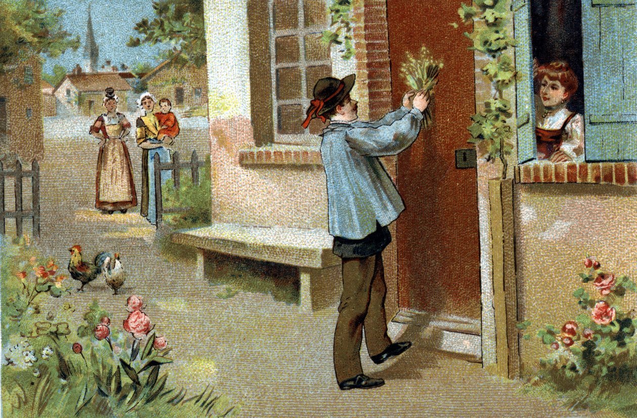 Gammal sed som firas i regionen Bourgogne: majfest. Kromolitografi från slutet av 1800-talet. av Unknown artist