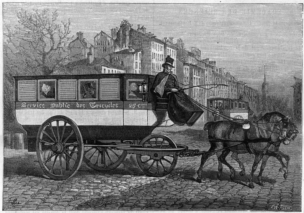 Omnibus har tre hjul eller trehjuling på gatorna i Paris. Gravyr i "" Nature. Granskning av vetenskap och dess tillämpningar på konst och industri. av Unknown artist