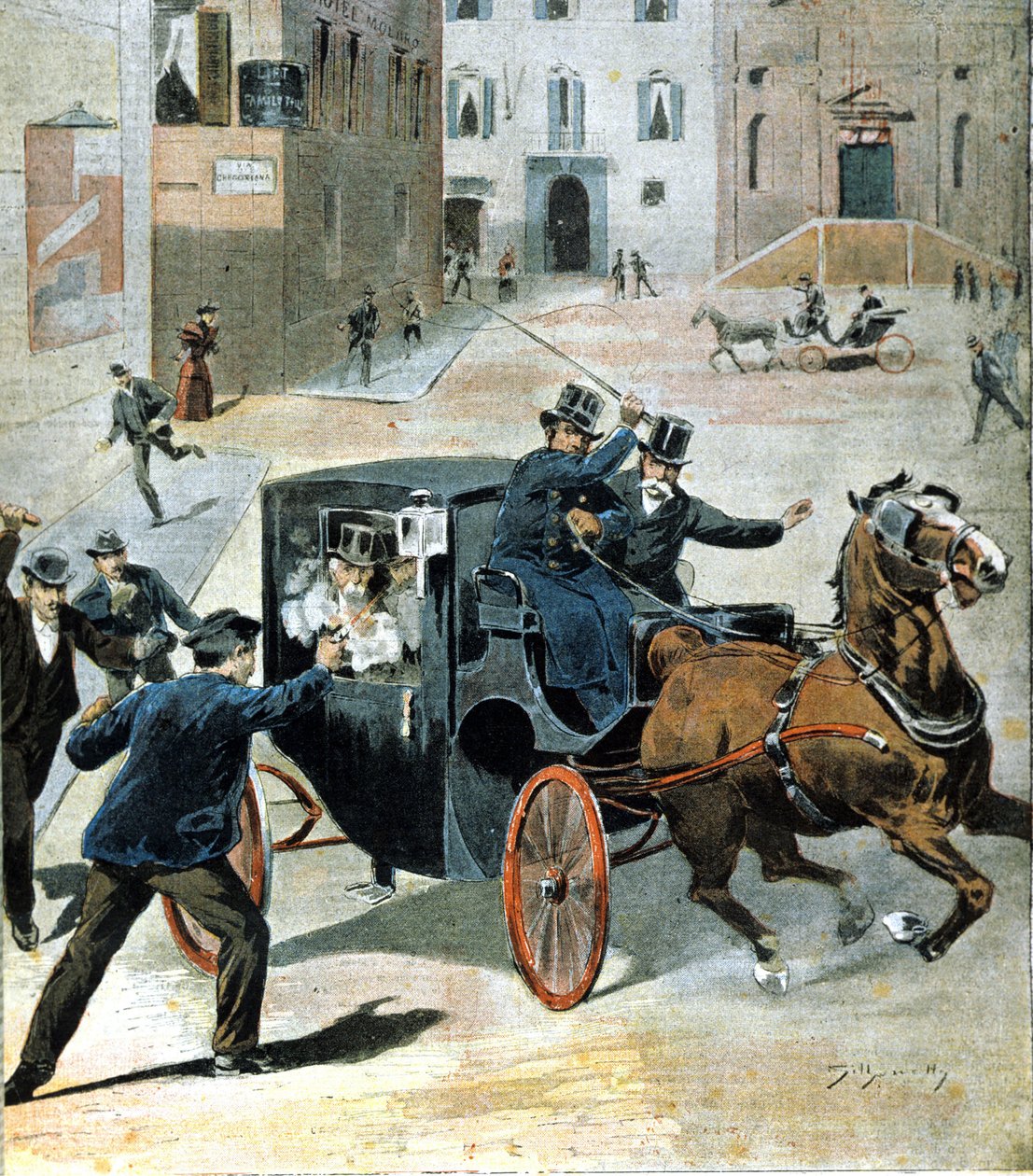 Den 16 juni 1894, i Rom, sköt anarkisten Paolo Lega en revolver mot Francesco Crispi, ordförande för det italienska rådet. Illustration av perioden. av Unknown artist