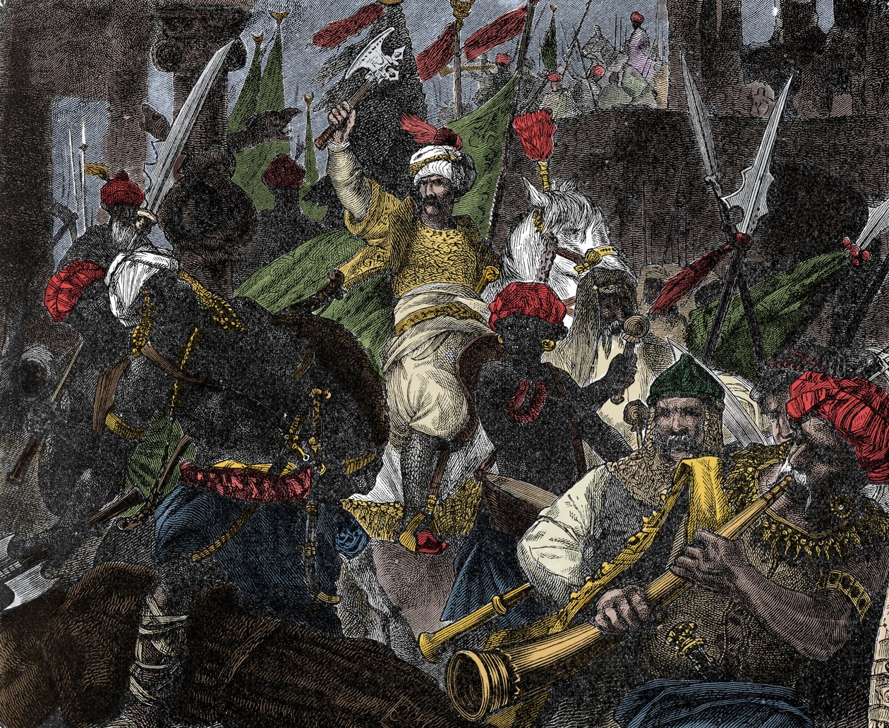 Den 29 maj 1453, stormning av Konstantinopel av Muhammed II, sultan av Osmanska riket - Erövring av Konstantinopel: armén av den osmanska sultanen Mehmet II (Mehmed II erövraren eller Muhammad II Fatih) (1430-1481) belägrade staden i Konstantinopel 1 av Unknown artist