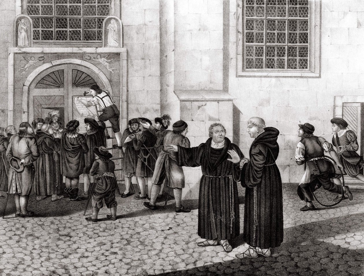 Den 31/10/1517 satte Luther upp på portarna till Wittenbergs slott sina 95 teser "" som fördömde försäljningen av avlatsbrev och som markerade början av reformationen - grav. av Unknown artist
