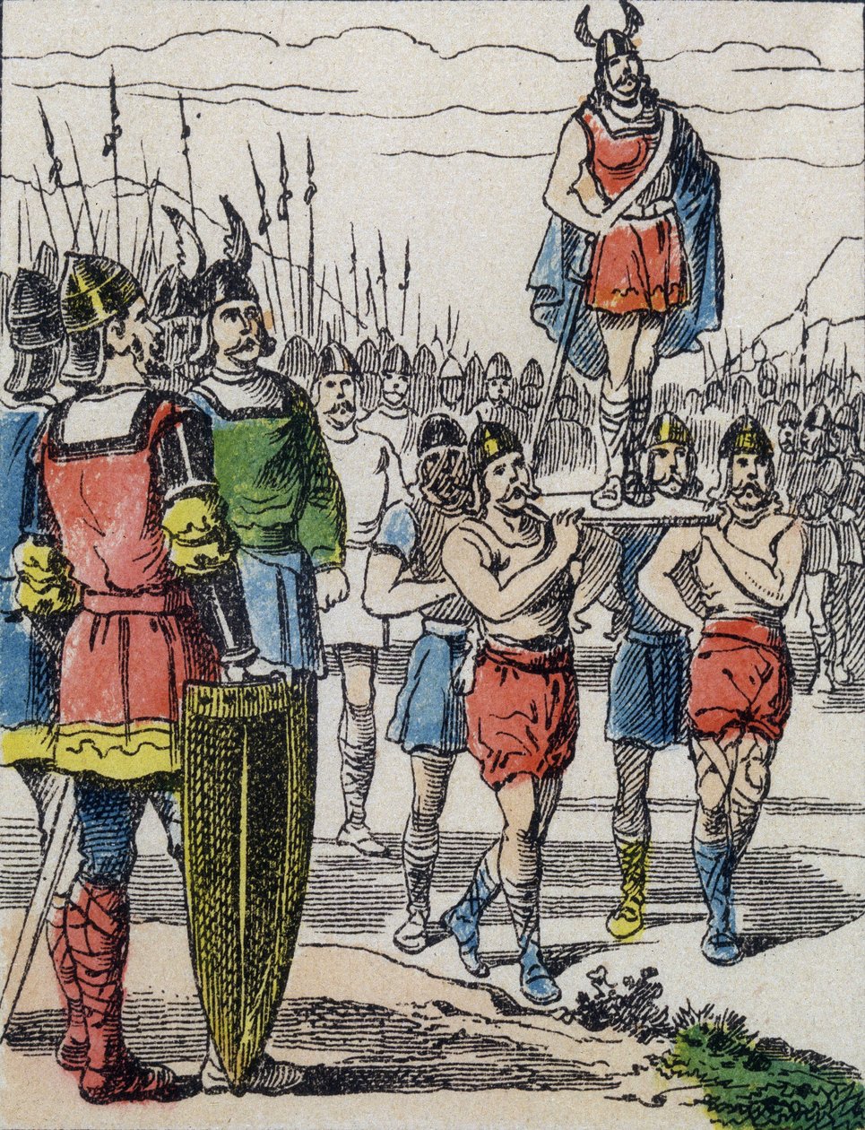 Vid Childeric I:s död valdes hans son Clovis till kung av Salians Francs som bar honom på bålverket medan han turnerade i lägret (gravyr) av Unknown artist