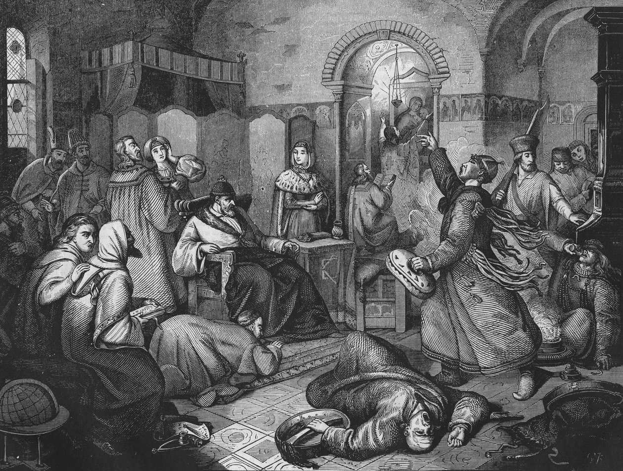 På den sista dagen av Ivan IV den förskräcklige (1530-1584), tsar och storprins av Ryssland, bredvid honom sin vackra dotter. gravyr från 1860. av Unknown artist