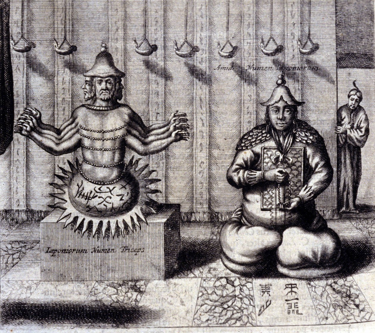 Till vänster har hinduisk gudom åtta armar, till höger Amida, japansk Buddha. "De China Monumenta" av Athanasius Kircher (1601 - 1680), jesuit, orientalist och tysk forskare, Amsterdam 1667. av Unknown artist
