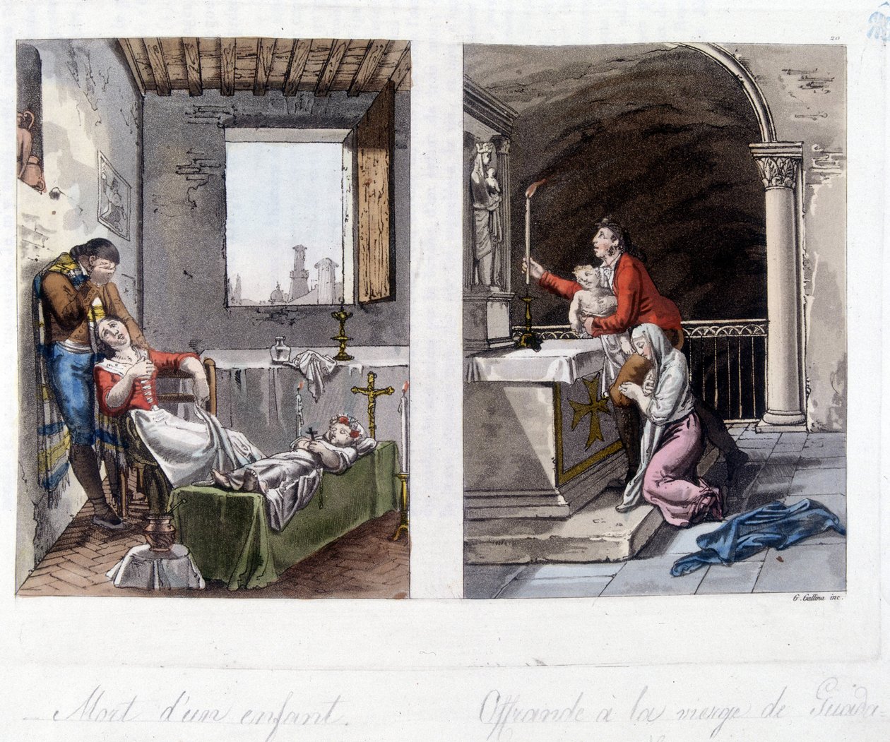 Till vänster, ett barns död och föräldrarnas sorg. Till höger, ett offer till jungfrun från Guada Lupa. Litografi från 1800-talet av Unknown artist