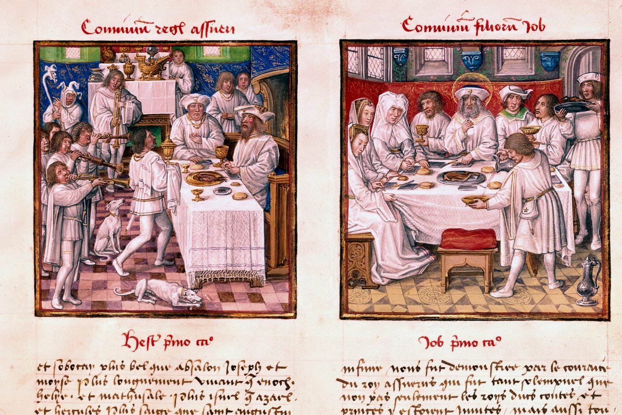Till vänster festen Assuerus 1:a (Xerxes 1:a). Till höger, Jobs barns högtid. Miniatyr från manuskriptet "" Le Miroir de l