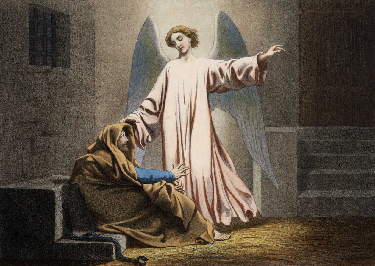 När han stannat två gånger, blir Sankt Peter befriad av en ängel. Anonym gravyr från mitten av 1800-talet. av Unknown artist