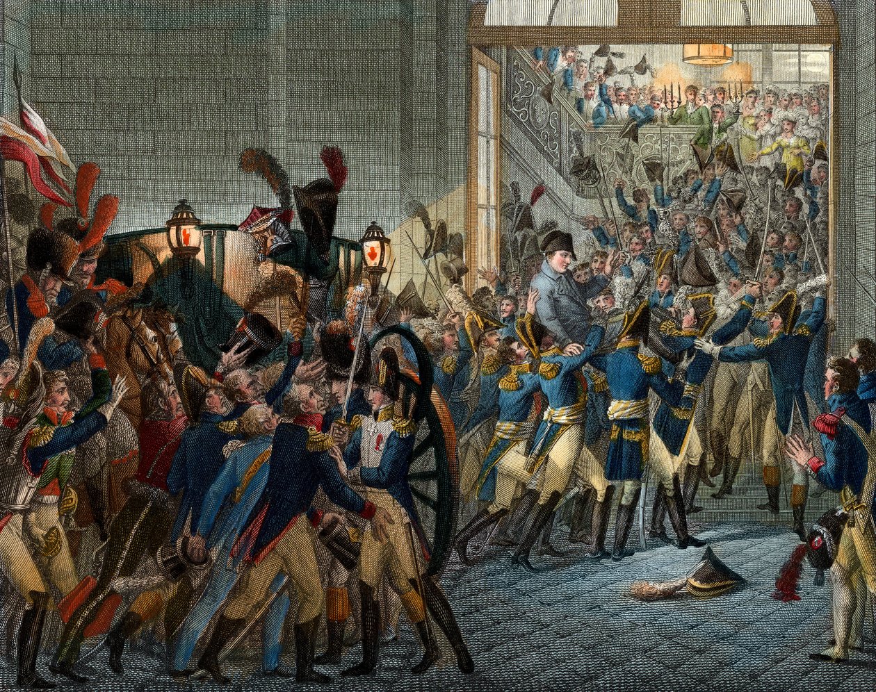 Hundra dagar: "" Napoleon Bonaparte (1769-1821) återvände från sin exil på ön Elba - triumferande inträde den 20 mars 1815 i Palais des Tuileries - Gravyr 1800-talet av Unknown artist