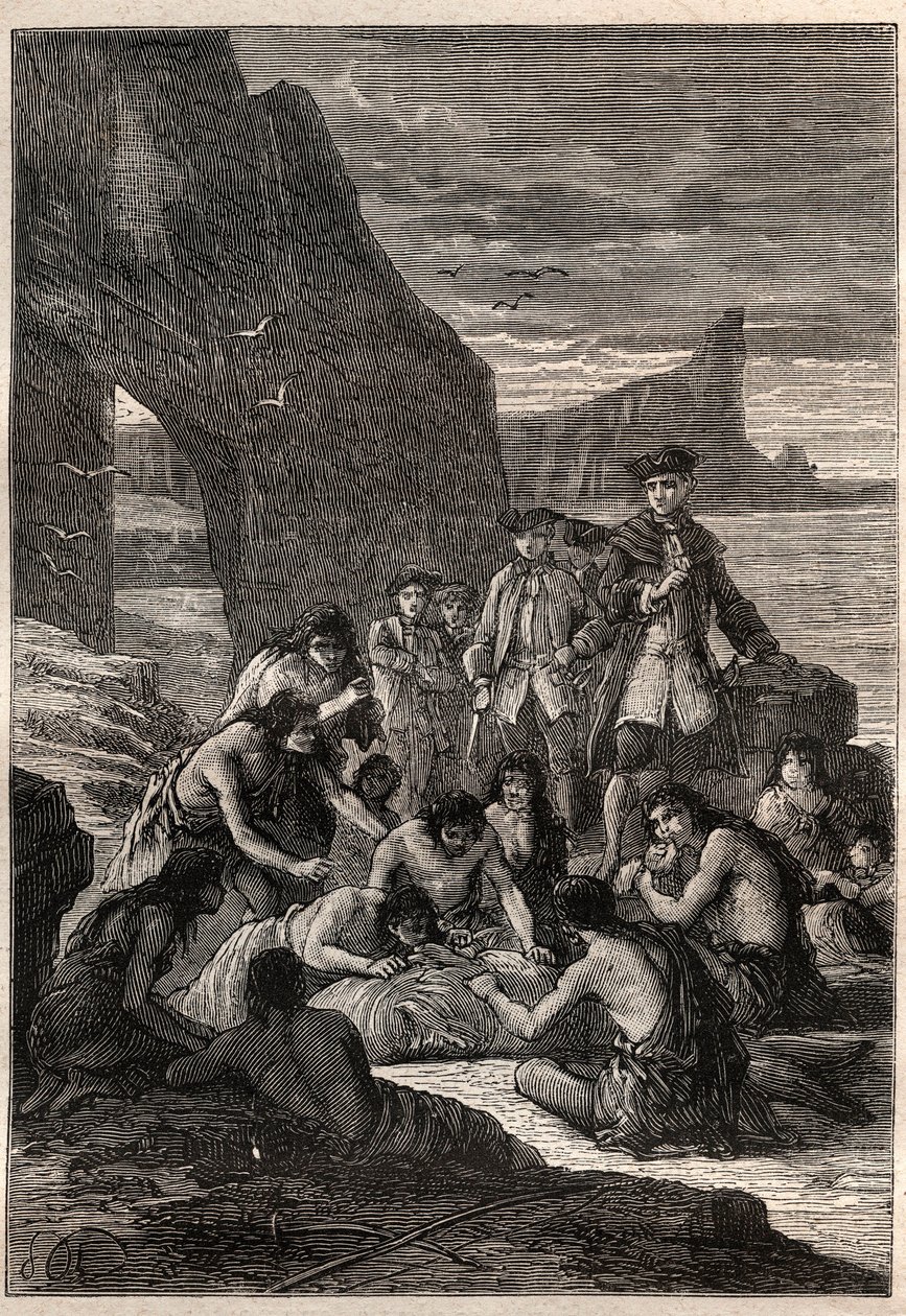 En av dem frikopplad med tänderna: viceamiral John Byron (1723-1786) på en av öarna i Detroit of Magellan - Fuegians (invånare i Tierra del Fuego) decouperar med sina tänder en val som hade slitits och förstenats på stranden - sjuk av Unknown artist