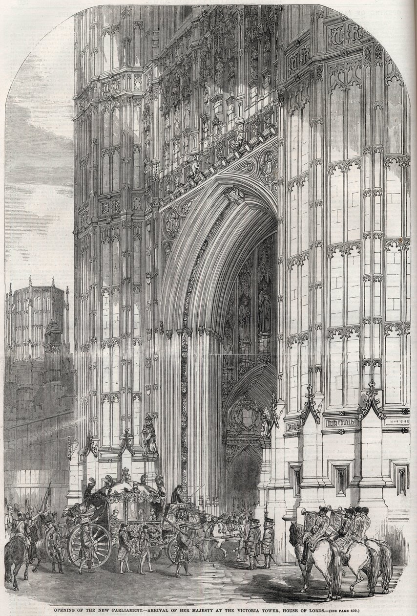 Öppnande av det nya parlamentet - hennes majestäts ankomst till Victoria-tornet, House of Lords 1852 av Unknown artist