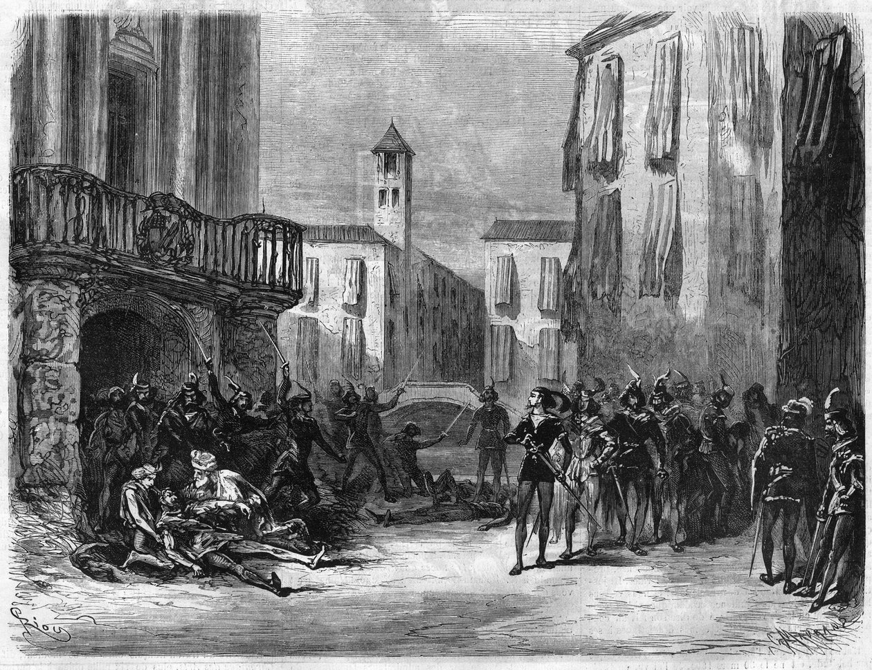 Opera "" Romeo et Juliette"" av Jules Barbier (1825-1901) och Michel Carre (1821-1872). Musik av Charles Gounod (1818-1893). Spela på opera i Paris. Gravyr i "The Illustrous Universe" av Unknown artist