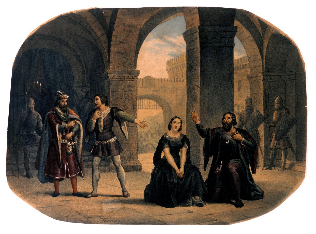 Operascenen "" I vespri siciliani"" (De sicilianska vesperna) komponerad av Giuseppe Verdi. kromolitografi från slutet av 1800-talet.. av Unknown artist