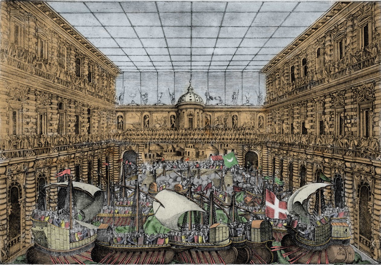 Orazio Scarabelli, Naval Battle Show (naumachia) reser sig på gården till Palazzo Pitti i Florens (Royal Palace of the Medici family, Grand Dukes of Toscana) Naumachia på gården av Palazzo Pitti, Florens av Unknown artist