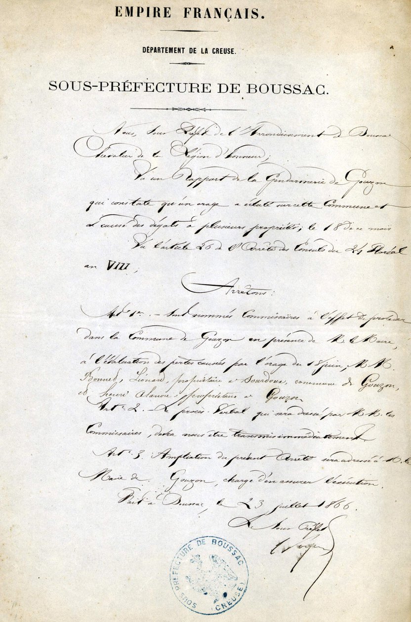 Order från underprefekturen Creuse (Arrondissement of Boussac) den 23 juli av Unknown artist