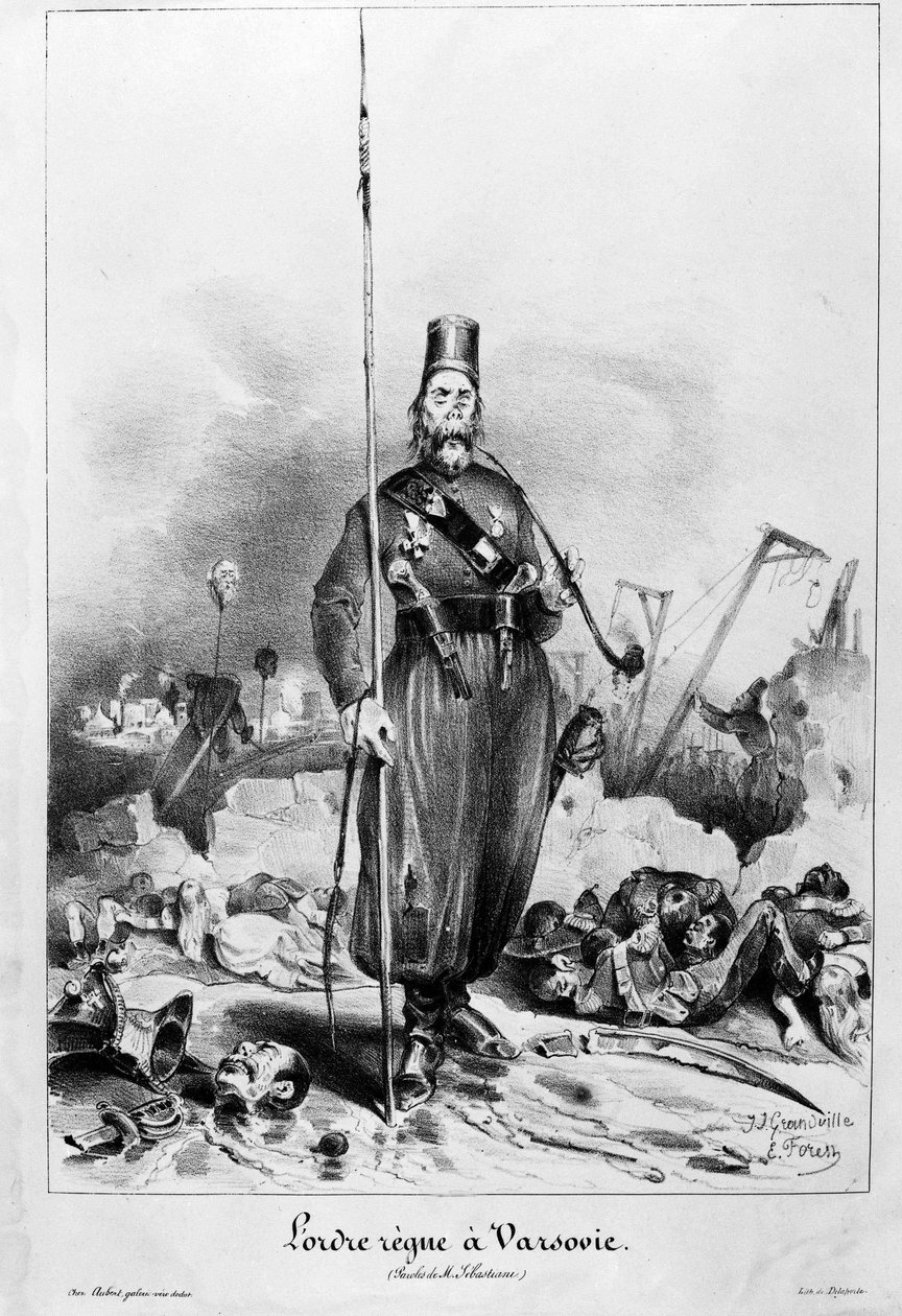 Ordning råder i Warszawa. Tecknad film av Grandville och skogen på ord av marskalk Sebastiani de la Porta (1772-1851) (minister och ambassadör för Louis Philippe). av Unknown artist