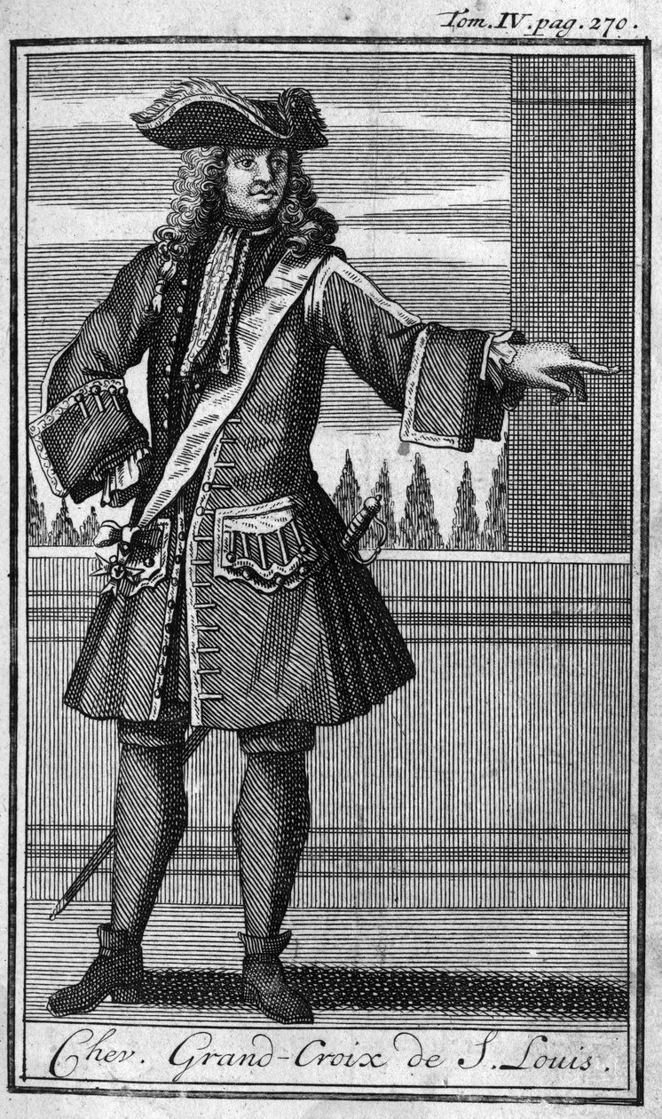 Ridderorden. Chevalier Grand Cross of Saint Louis i Frankrike på 1600-talet. I "" Historia om militära ordrar eller riddare, om seculieres och stamgäster miliser av båda könen, som har etablerats hittills. Upplagan hämtad från Abbe Giustini av Unknown artist