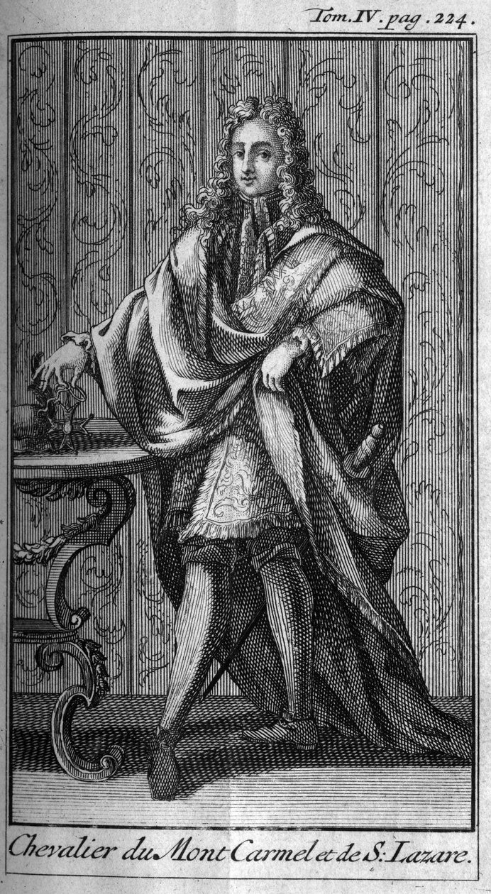Ridderorden. Riddare av berget Karmel och Saint Lazarus i Frankrike på 1600-talet. I "" Historia om militära order eller riddare, om seculiere och reguljära miliser av båda könen, som har etablerats fram till nu. Upplagan hämtad från Abbe Giust av Unknown artist