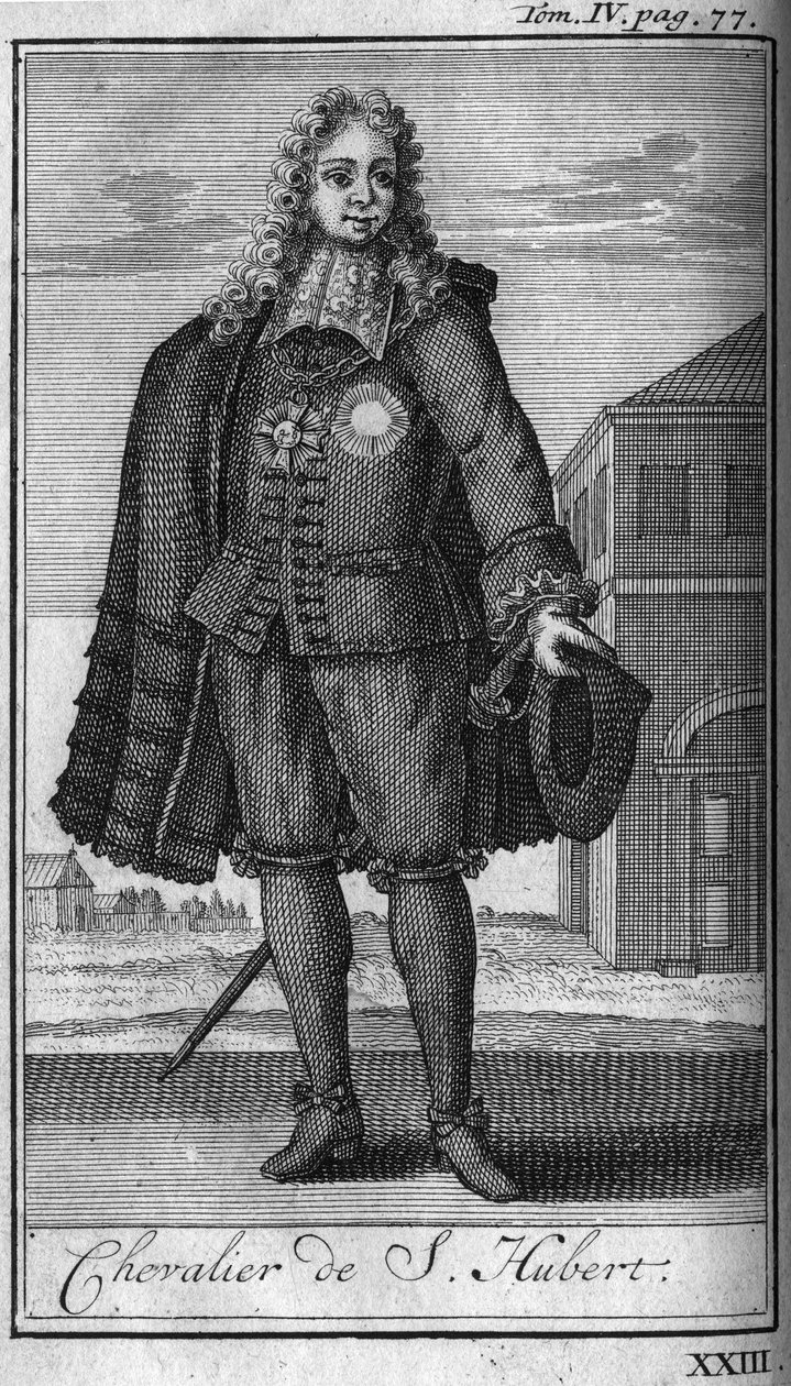 Ridderorden. Riddare av Saint Hubert till hertigen av Juliers på 1400-talet I "Historia om militära ordrar eller riddare, av de sekulära och reguljära miliserna av båda könen, som hittills har etablerats. Upplagan hämtad från Abbe Giustiniani, R. av Unknown artist
