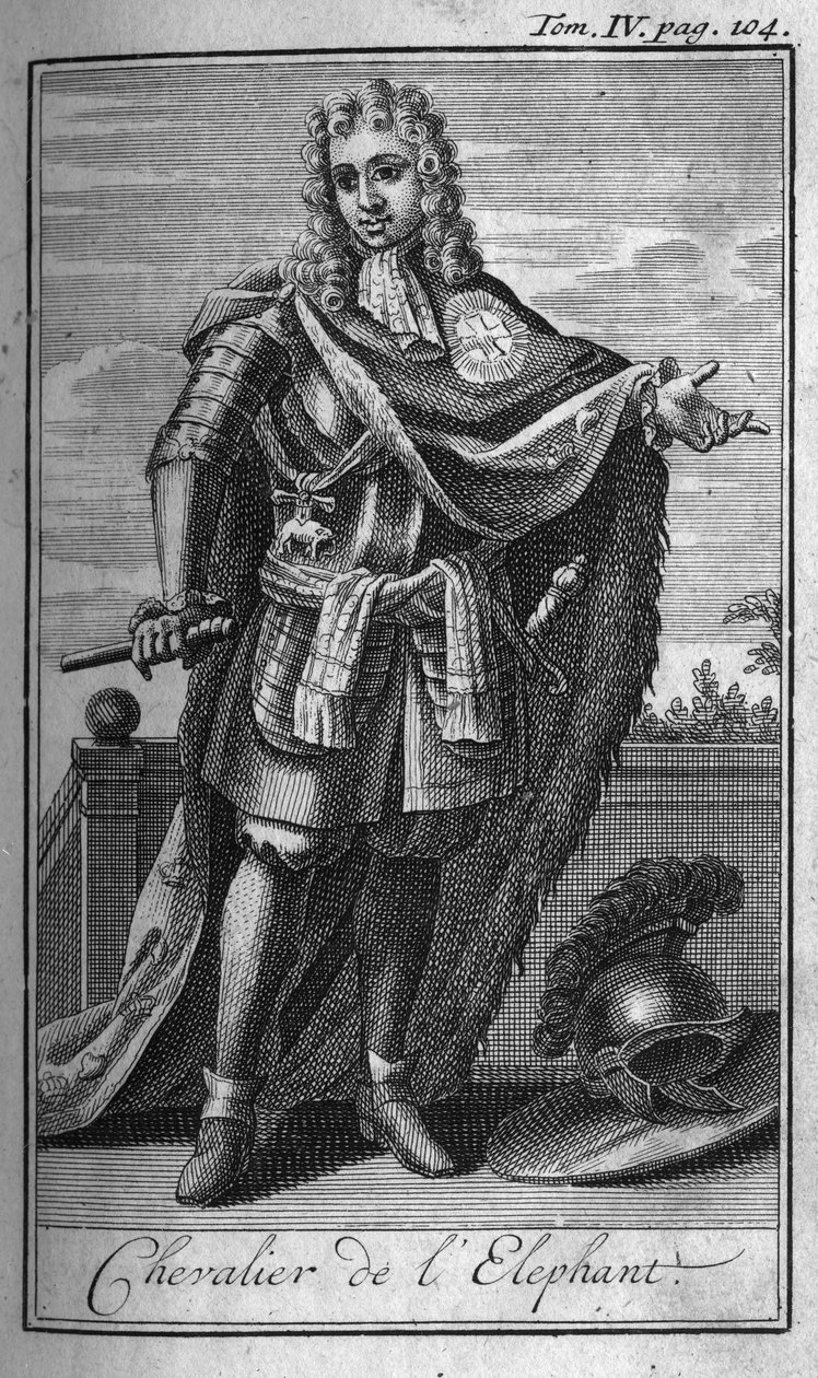 Ridderorden. Riddare av elefanten i Danmark på 1400-talet. I "" Historia om militära order eller riddare, om de säkra och rutinmässiga miliserna av båda könen, som har etablerats hittills. Upplagan hämtad från Abbe Giustiniani, R.P.Bonani, M av Unknown artist