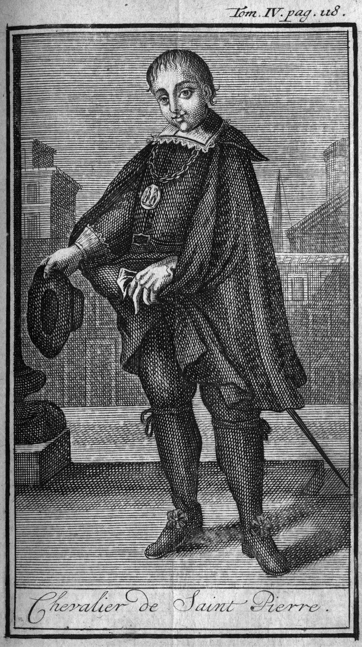 Knight.Knight of St. Peter (San Pietro) i Rom på 1400-talet. I "" Historia om militära order eller riddare, om de säkra och rutinmässiga miliserna av båda könen, som har etablerats fram till idag. Upplagan hämtad från Abbe Giustiniani, av Unknown artist
