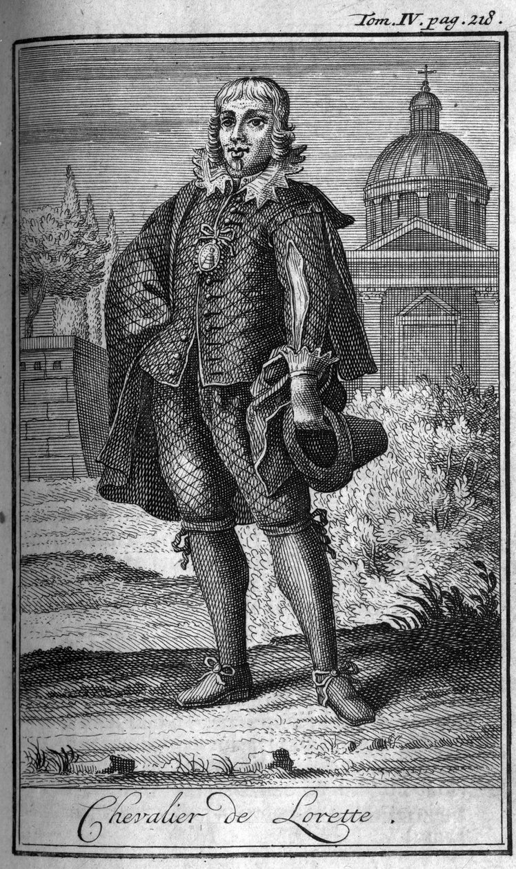 Riddarorden. Chevalier de Lorette i Frankrike på 1500-talet. I "" Historia om militära order eller riddare, om de säkra och rutinmässiga miliserna av båda könen, som har etablerats hittills. Upplagan hämtad från Abbe Giustiniani, R.P.Bonani, M. Her av Unknown artist