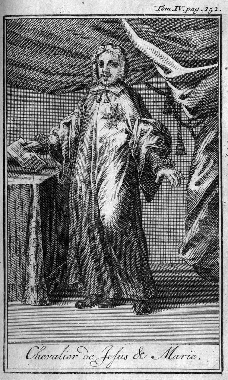 Riddarorden. Riddare av Jesus och Maria i Italien på 1600-talet. I "" Historia om militära order eller riddare, om de säkra och rutinmässiga miliserna av båda könen, som har etablerats fram till nu. Upplagan hämtad från Abbe Giustiniani, R.P.Bonani, av Unknown artist