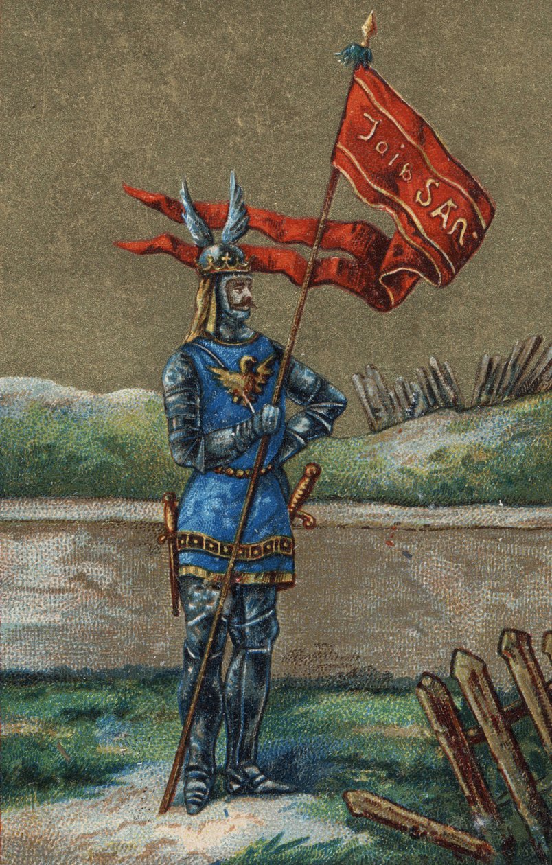 Oriflame eller fana av kungen av Frankrike Karl V (1364-1380). 1800-talets kromolitografi. av Unknown artist