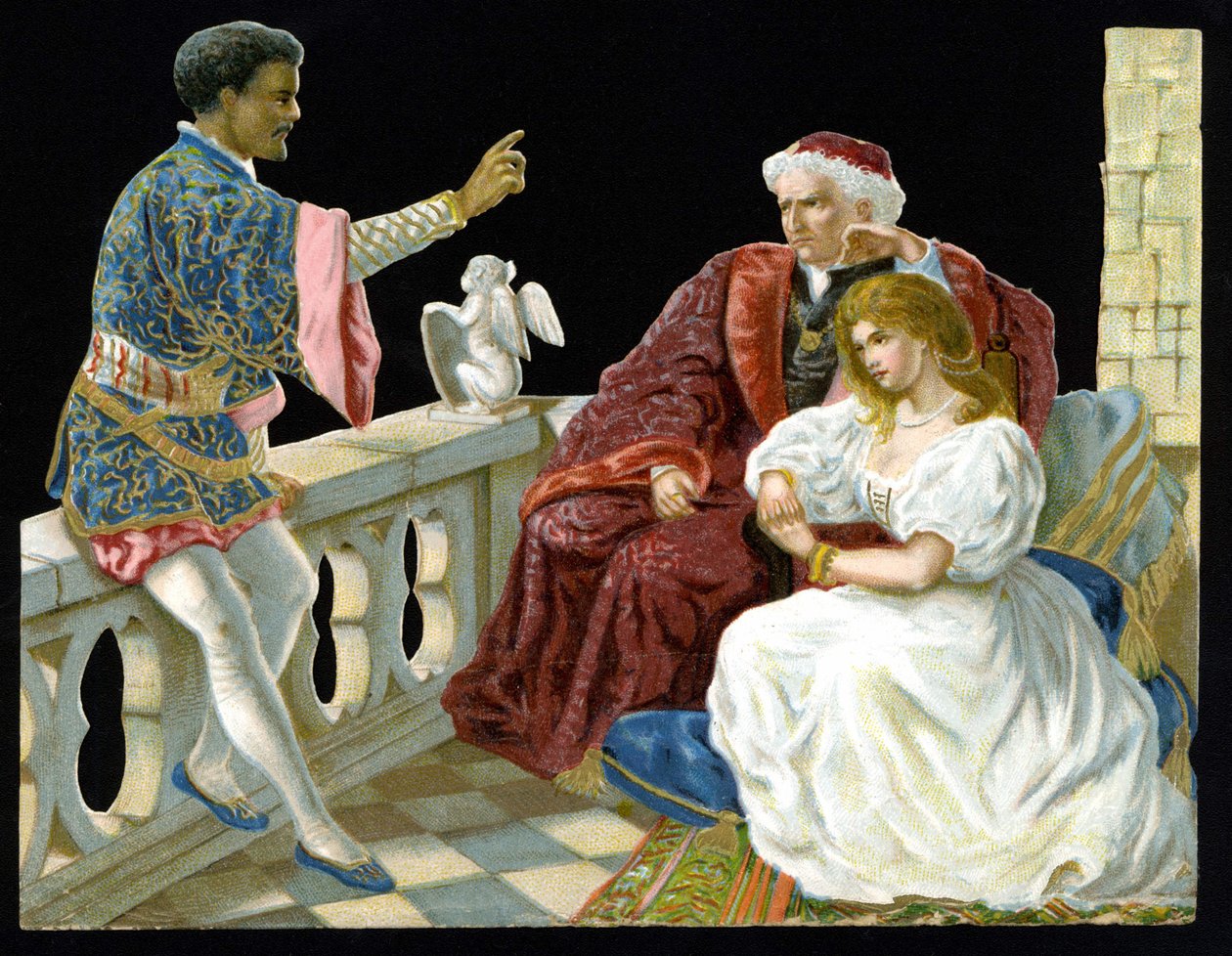 Othello, Desdemona och Iago - i Othello or the Moor of Venice”” av Shakespeare (1604). Kromolitografi från 1800-talet." av Unknown artist