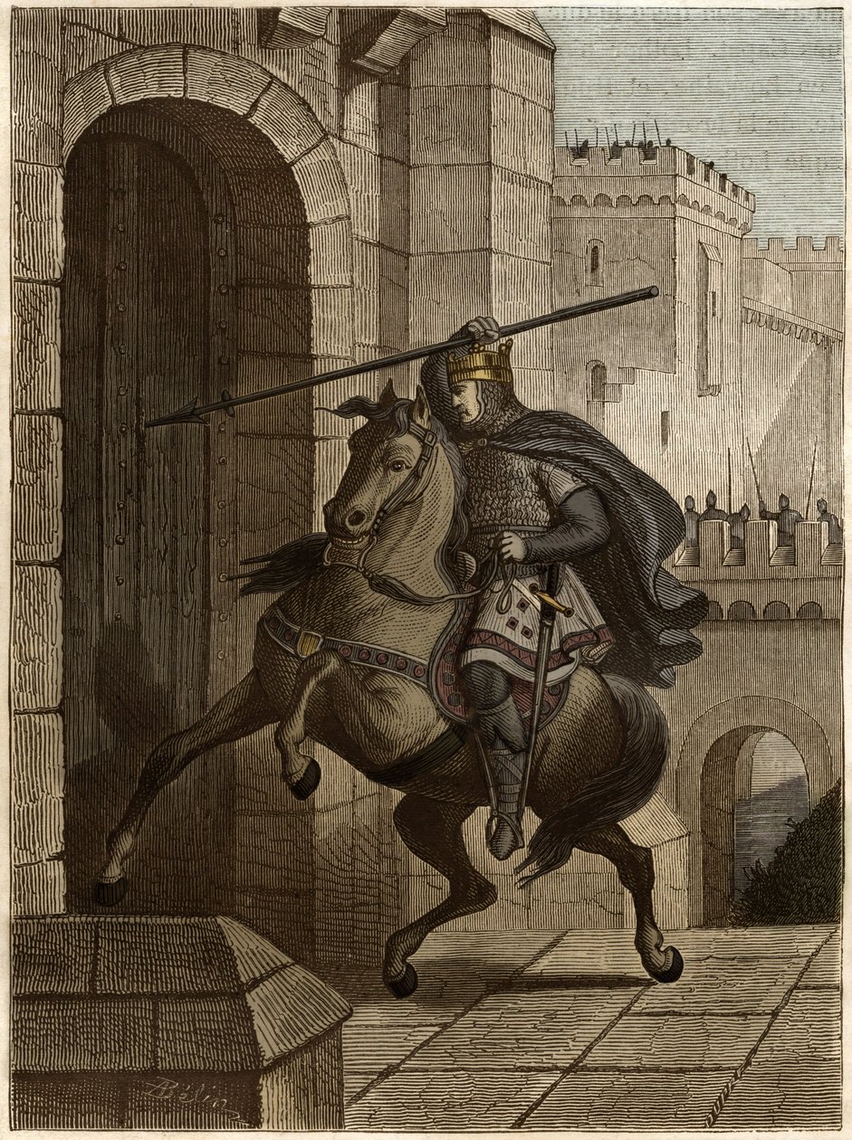 Otto II, helige romerske kejsare före Paris - Otton II av det heliga riket, känd som Roux (955-983) irriterar sig på att inte kunna tränga in i Paris (Paris högkvarter, 978), går under stadens murar för att plantera sin spjut i dörren - av Unknown artist