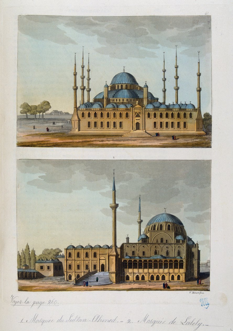 Osmanska riket: Blå moskén (eller Sultanahmet Camii) byggd av Sultan Ahmet (Ahmed) I och moskén av Laleli i Istanbul - i "" Den antika och moderna kostymen""" av Ferrario, ed Milan av Unknown artist
