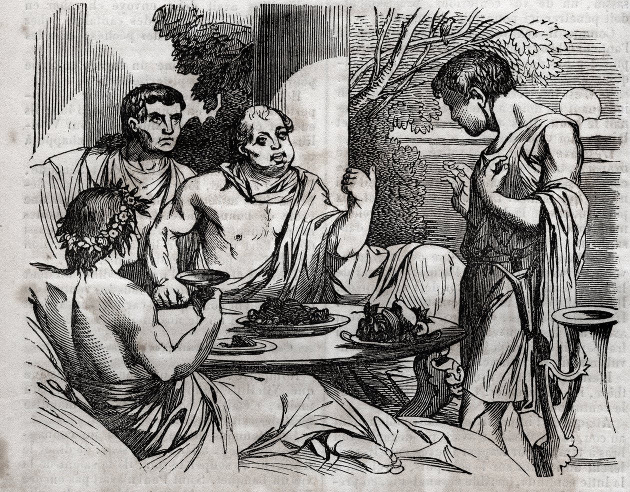Utomhus bankettscen - Vitellius (Aulus Vitellius Germanicus Imperator Augustus) Romersk kejsare (15-69) ger en fest - gravering i "" The Universal Health - Medical Guide for Families"" 1852 av Unknown artist