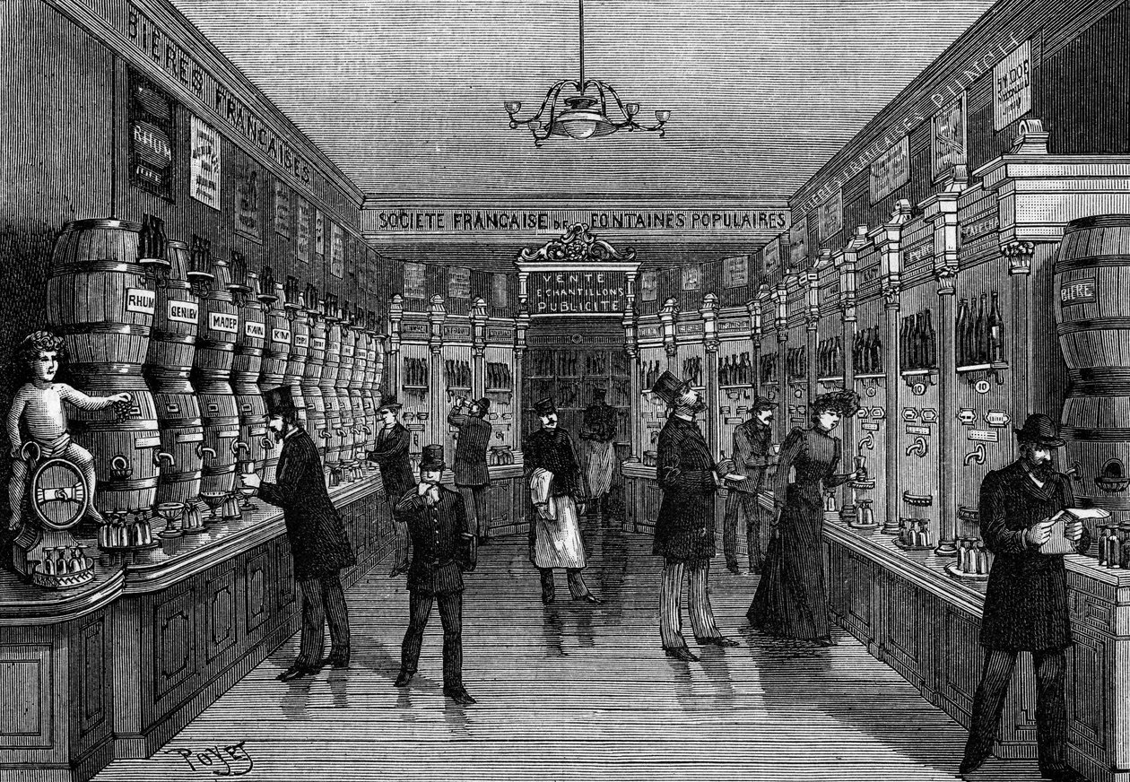 Översikt över en bar med varuautomater, rue Montmartre, i Paris. Gravyr i "" Nature: granskning av vetenskaperna och deras tillämpningar på konst och industri "" av den 7 november 1891. av Unknown artist