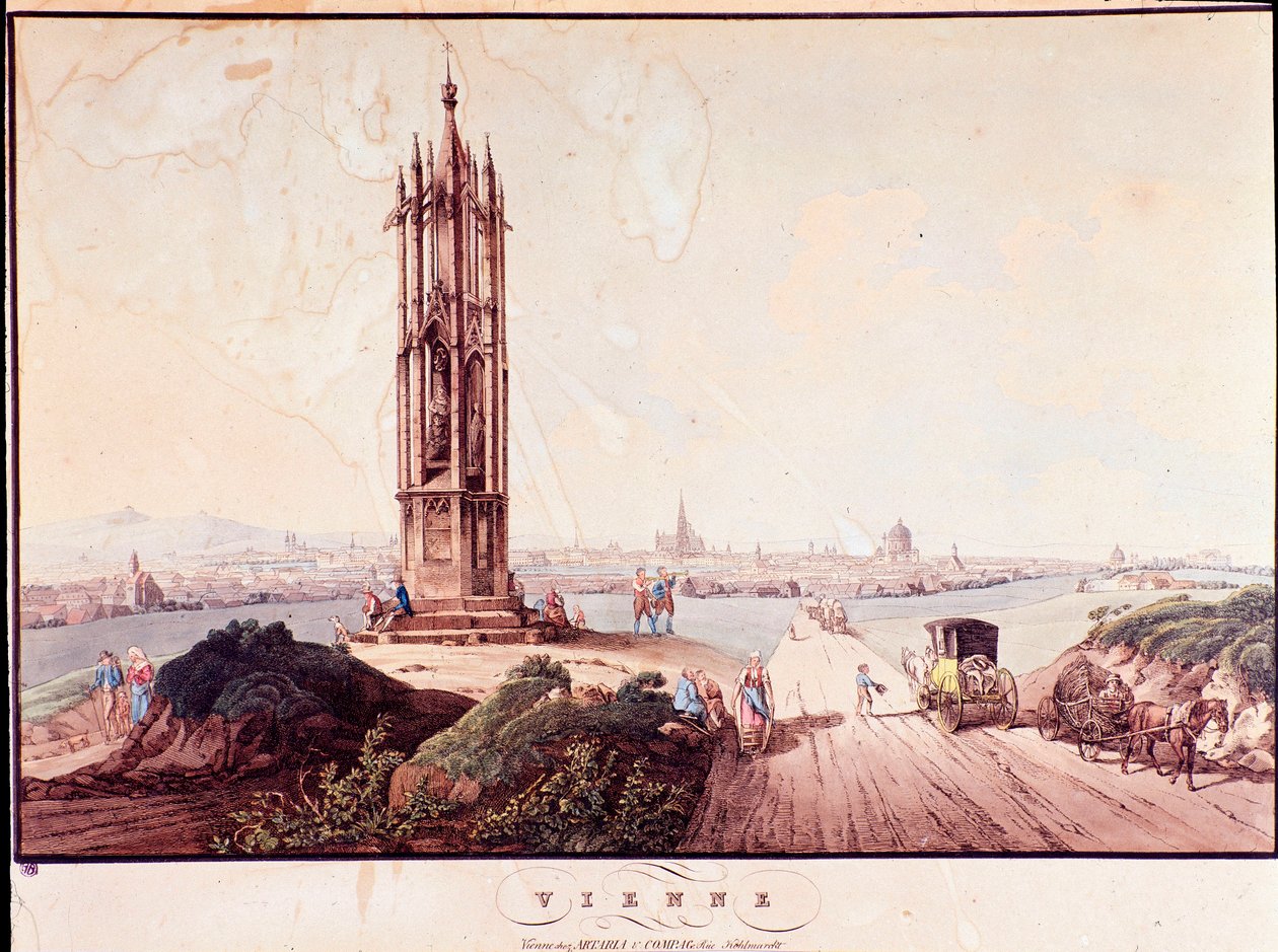 Översikt över staden Wien med bro över Donau. Österrike Gravyr från 1800 privatsamling av Unknown artist