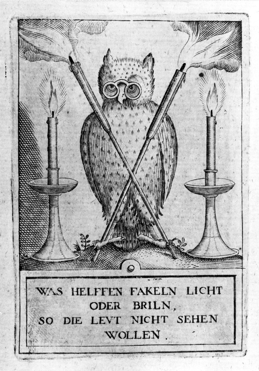 Uggla med glasögon, symbol för visdom. Gravyr av "Amphitheatrum sapientiae aeternae". (Amphitheatre of eternal visdom) (Hamburg: n.n. av Unknown artist