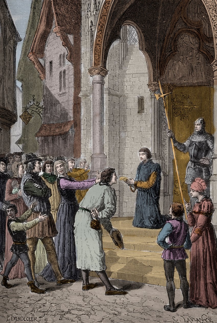 PERKIN WARBECK (c1474-1499) flamländsk bedragare; utgav sig vara Richard, hertig av York, den andre av Edward Ivs söner - Läser hans bekännelse utanför Westminster Hall, London av Unknown artist