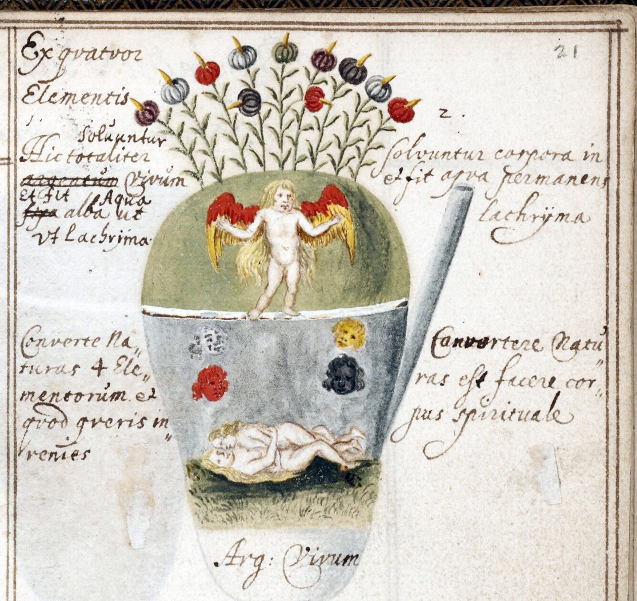 Sida från en alkeminteckningsbok, ett par och en ängel - Verk av Johann Grasshoff (Grasshof eller Grasse) (1560-1623), akvarell på pergament (14,6x10 cm), cirka 1620 - (Alkemisk anteckningsbok, Akvarell på pergament av J. Grasshoff , ca 1620) - Yale Univer av Unknown artist