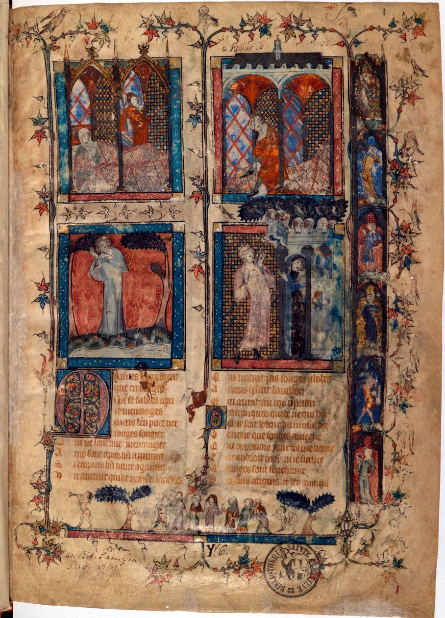 Upplyst sida hämtad från manuskriptet ""Le Roman de la Rose"" av Guillaume de Lorris (cirka 1200-1238) och Jean de Meun (Meung) (1240-1305) ca 1353 Schweiz Bibliotheque de Geneve av Unknown artist