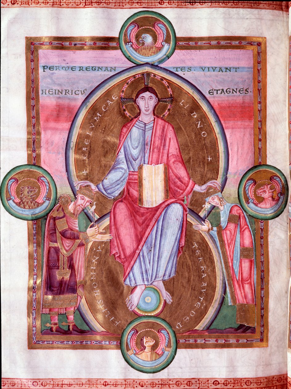 Sida i Kejsarens Bibel: Kristus omgiven av tetramorfen, mellan kejsar Henrik III och hans fru Agnes av Poitou (miniatyr av Unknown artist
